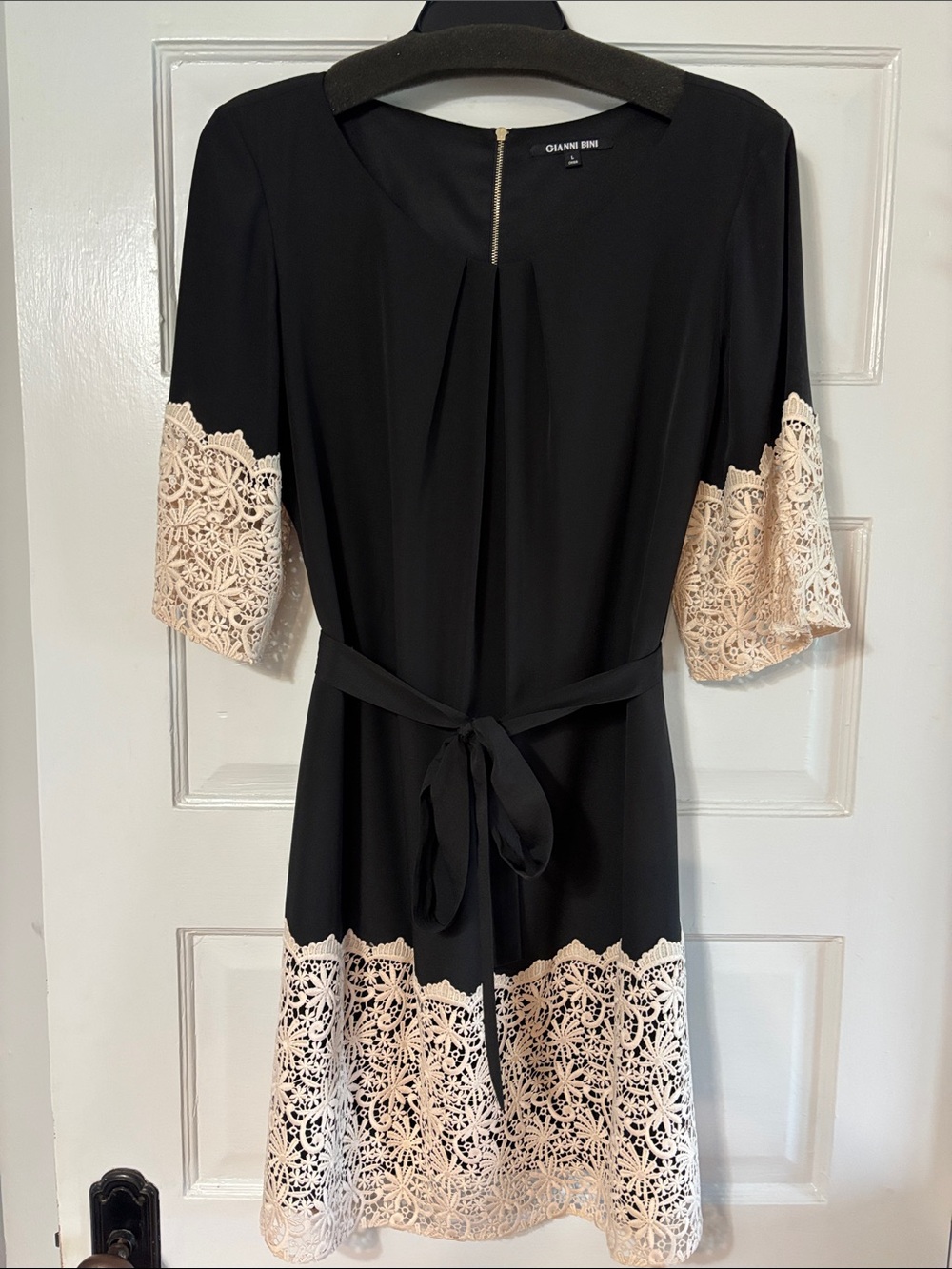 Gianni Bini Black Dress with Cream Lace Trim and Tie Waist